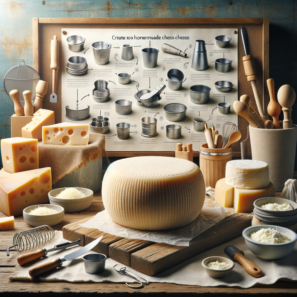 Freshly made homemade parmesan cheese wheel on a rustic table with DIY cheese-making tools, perfect for cheese lovers exploring a homemade cheese recipe.