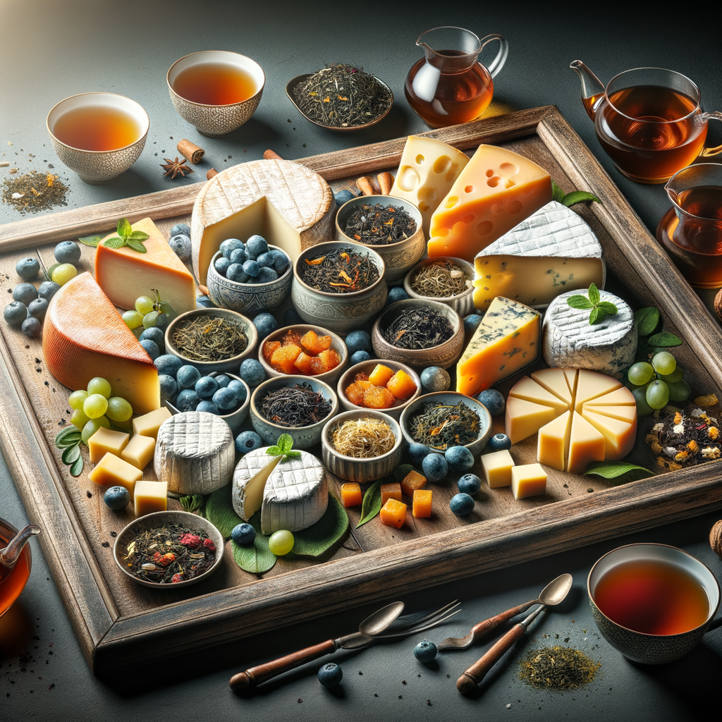 Artful display of gourmet cheese and tea pairings on a wooden board, a visual guide for cheese lovers exploring the best cheese and tea combinations.