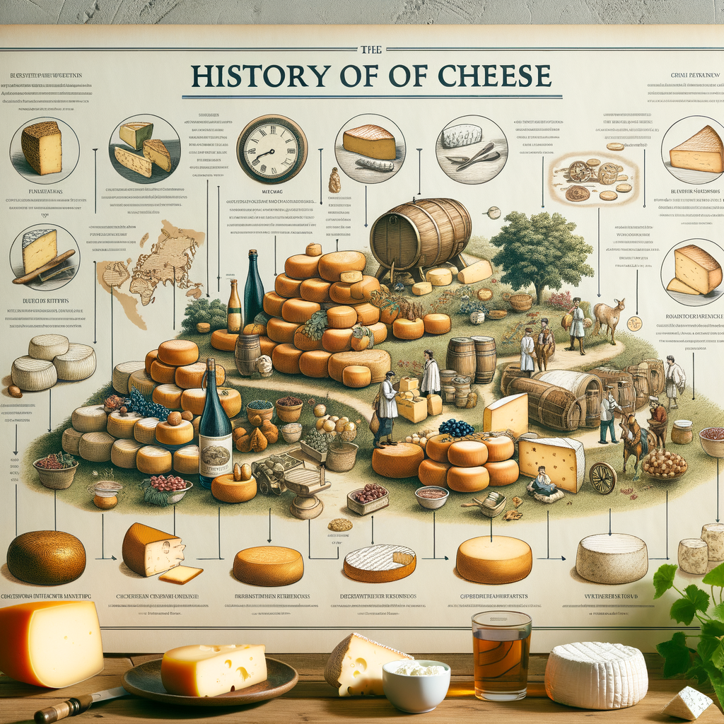 Infographic illustrating cheese production history, highlighting historical cheese types, their origins, and significance in cheese history for an article on 'Historical cheese types and their origins
