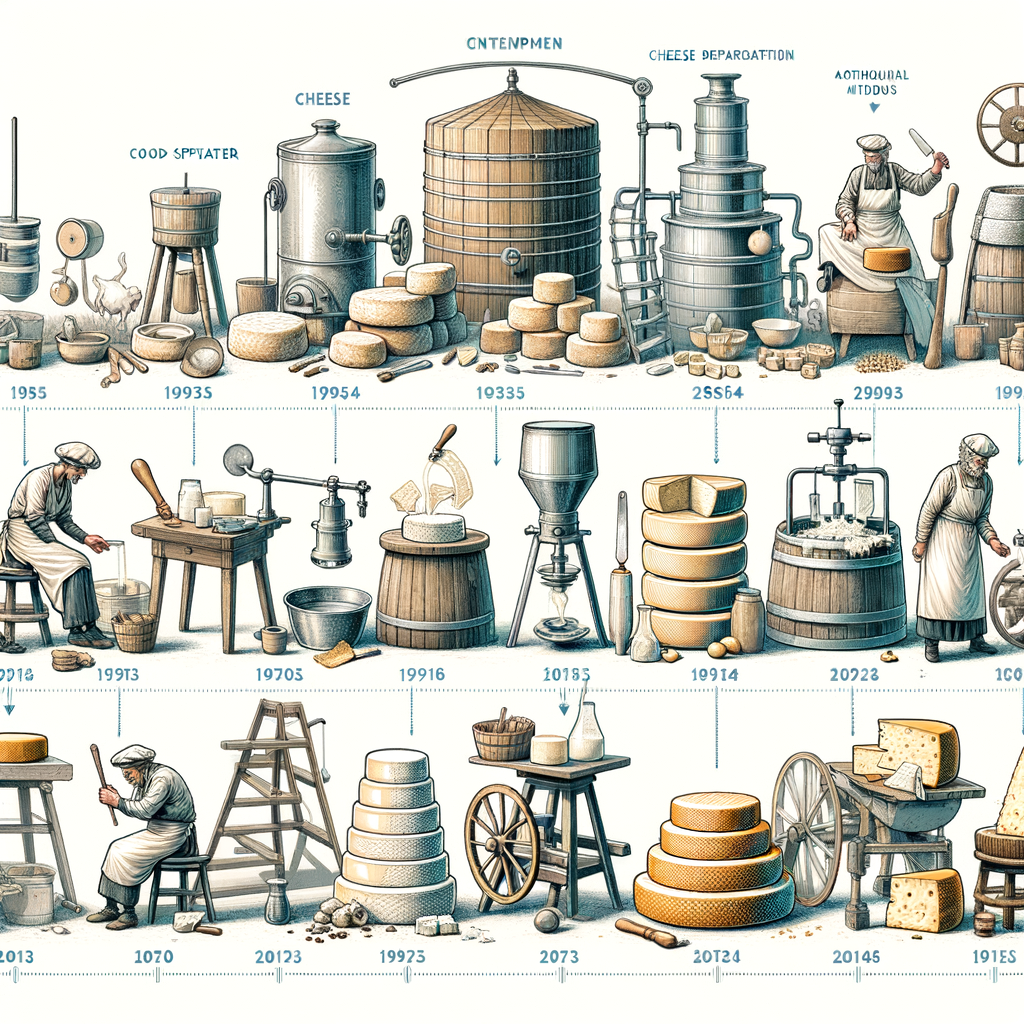 Timeline illustrating cheese making history from ancient production to modern artisan methods, showcasing traditional tools, evolution of cheese making techniques, and history of cheese in cuisine.